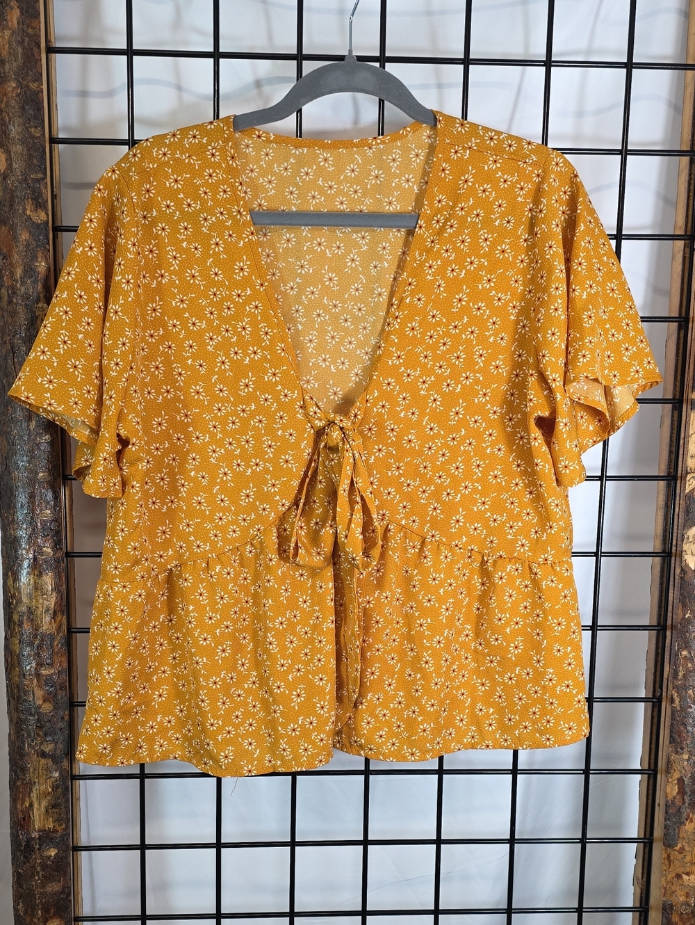 Tie-Front Floral V-Neck Blouse in Mustard